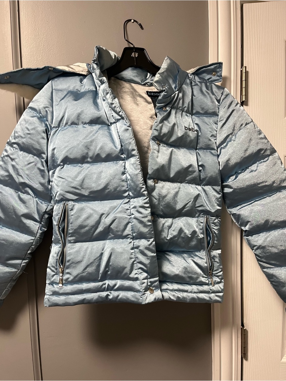 bebe women Shimmery Light Blue Puffer Jacket with Hood